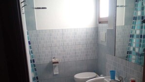 A bathroom with a toilet, sink, and shower area. - B&B Mamoiada Centro (Mamoiada)