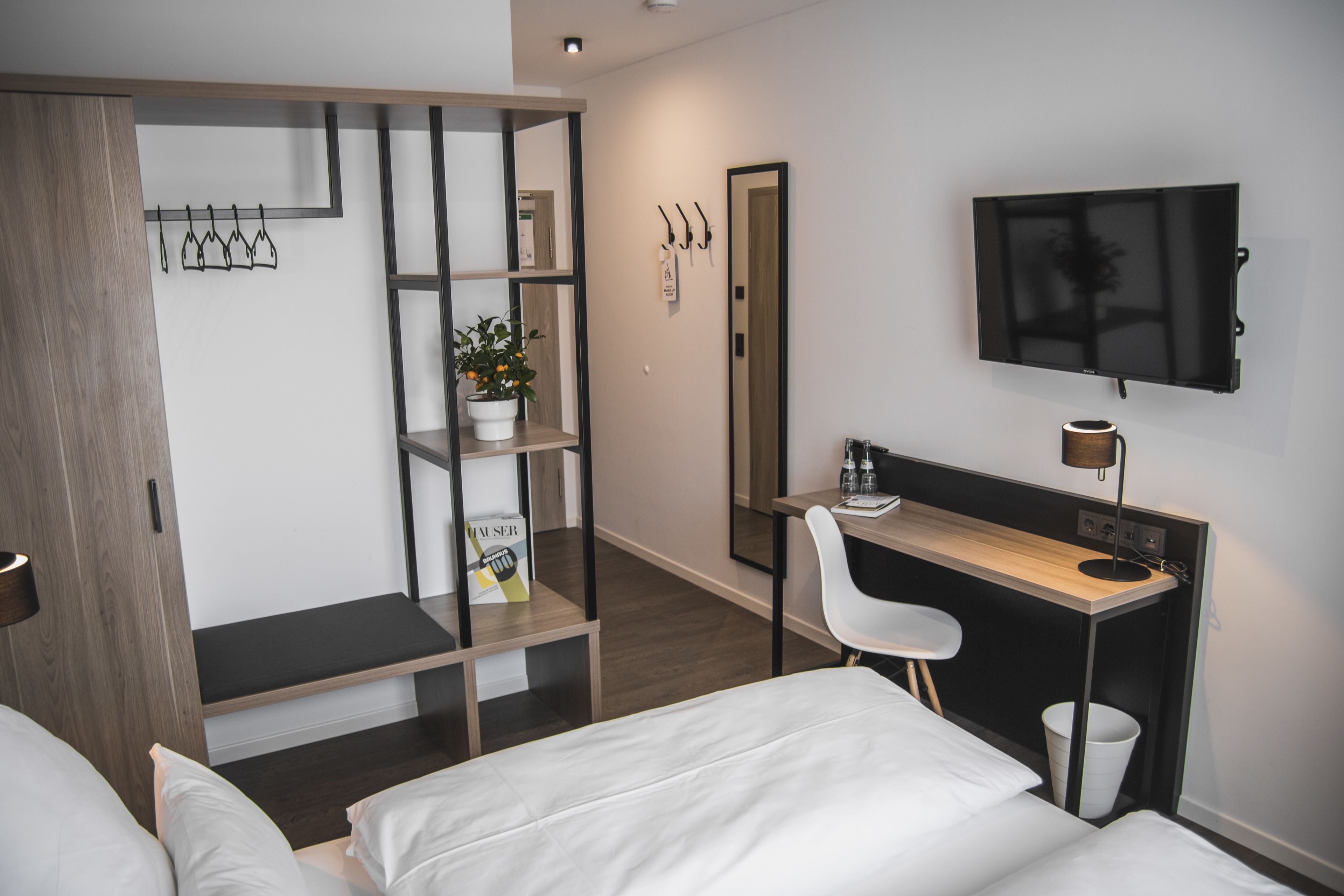 Une chambre d’hôtel moderne équipée d’un lit, d’un bureau avec une chaise, d’une télévision, d’une plante et d’un porte-manteau.