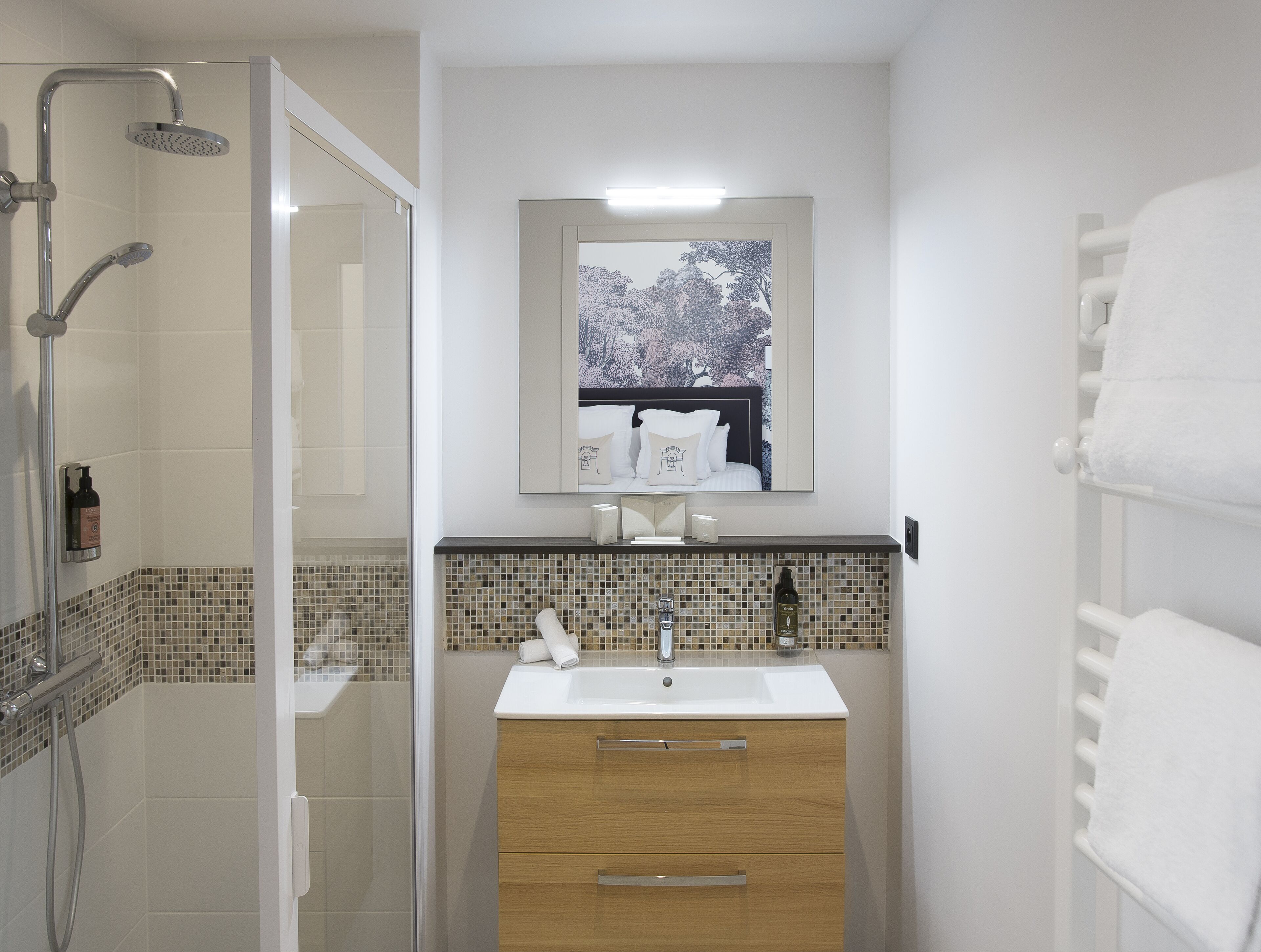 hair dryer, bathrobes, towels, soap