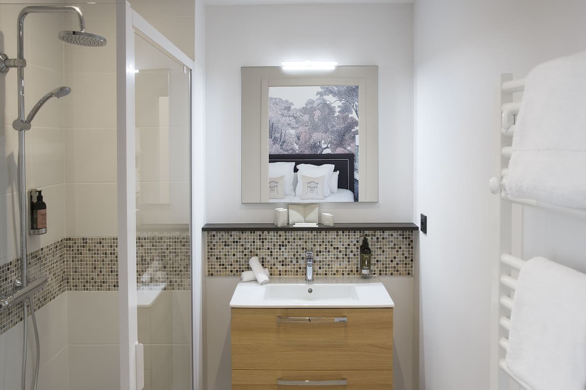 hair dryer, bathrobes, towels, soap