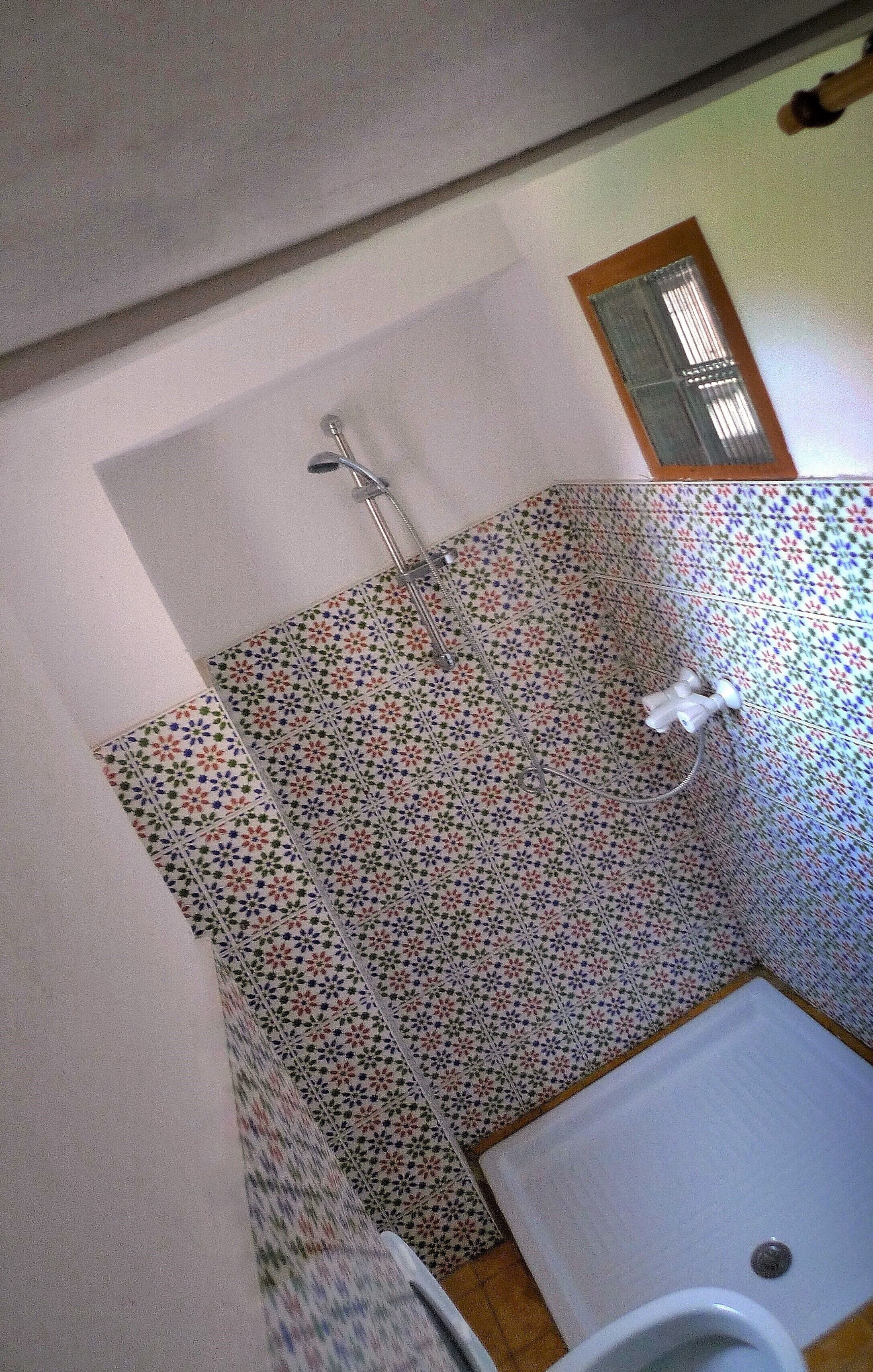 A bathroom with patterned tiles, a shower, and a toilet.