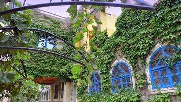 A building with blue windows and ironwork, covered in green ivy.