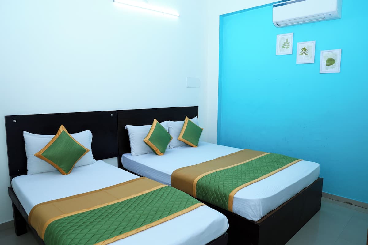 Une chambre d’hôtel avec deux lits, chacun recouvert d’une couvre-lit verte et jaune, avec des oreillers blancs et une tête de lit noire. Un mur bleu est décoré de trois tableaux encadrés.