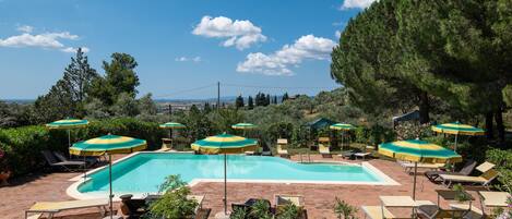 Piscina con sillas de descanso y sombrillas, rodeada de árboles y vegetación.
