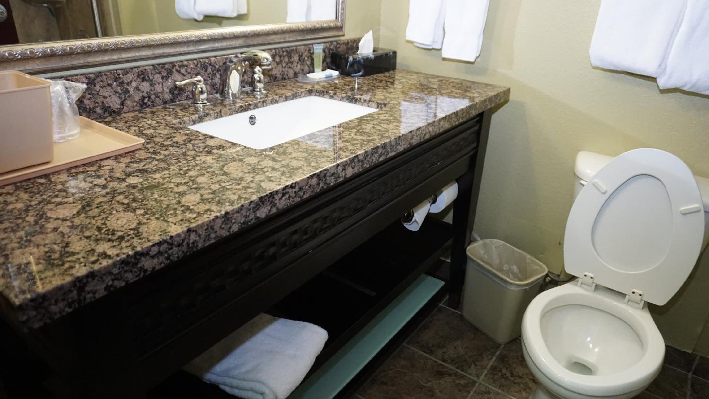 combined shower/bathtub, designer toiletries, hair dryer, towels