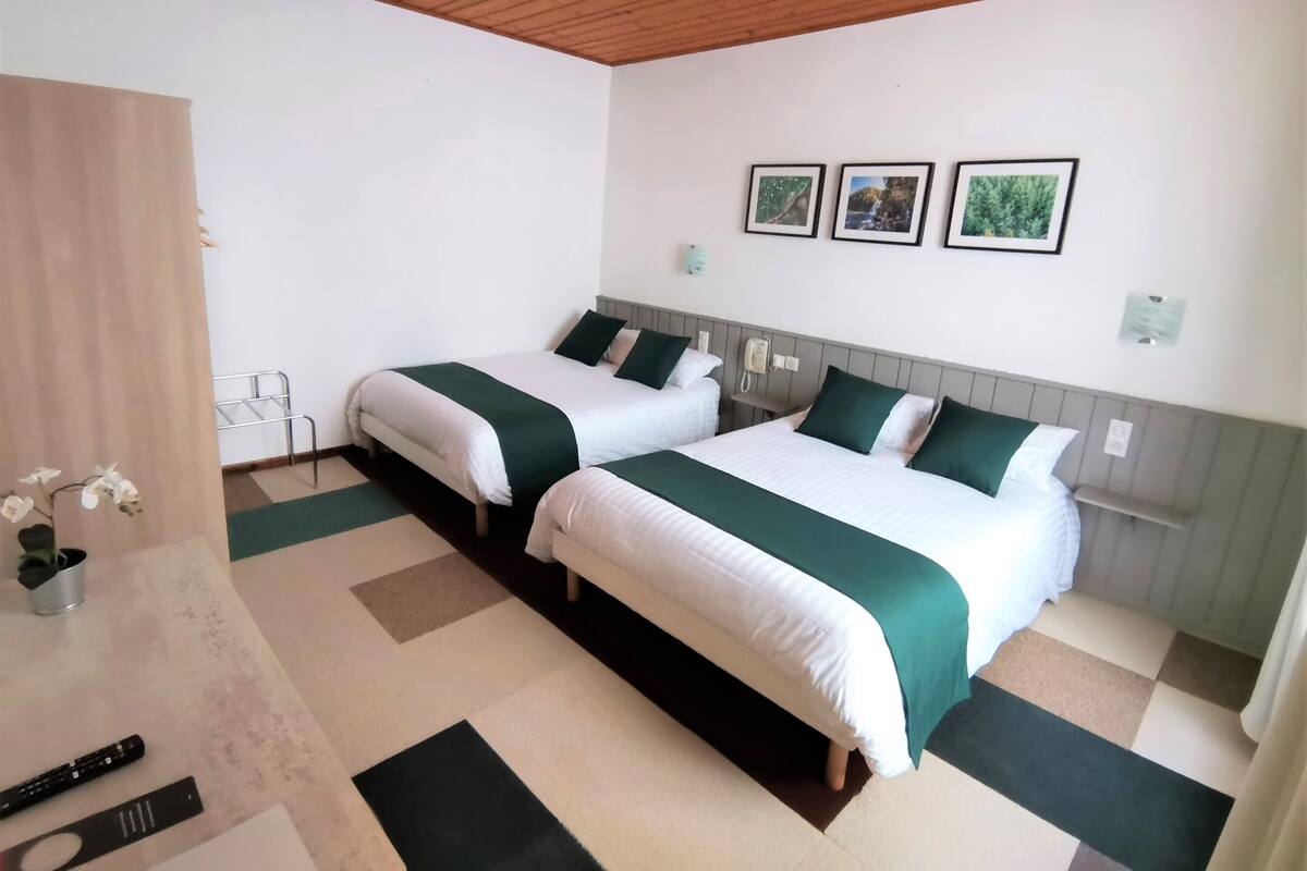 Une chambre d’hôtel avec deux lits, un plafond en bois, une petite table sur laquelle est posé un vase de fleurs, et trois tableaux encadrés accrochés au mur.
