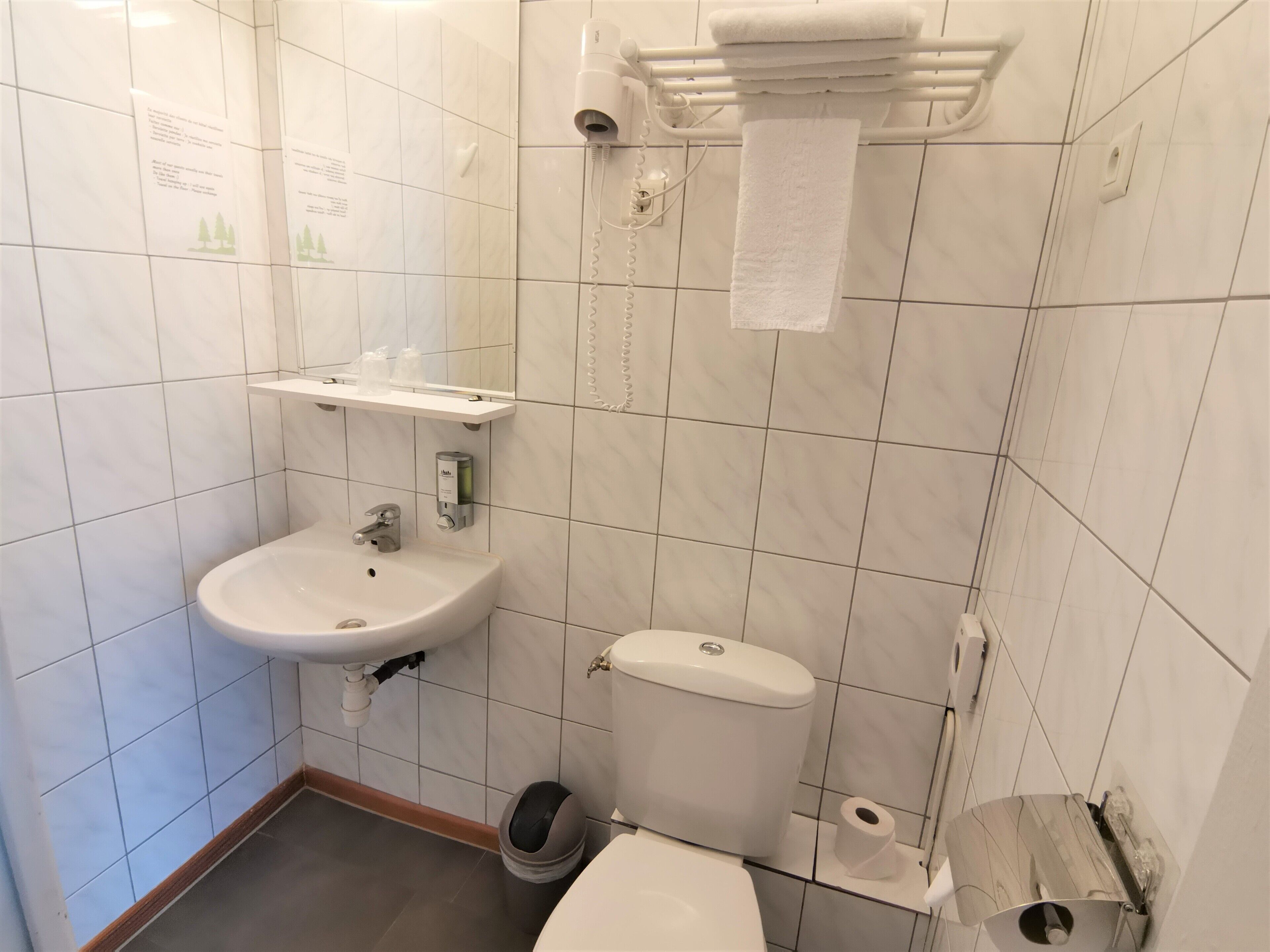 Un bany amb un lavabo blanc, vàter i porta tovalloles.