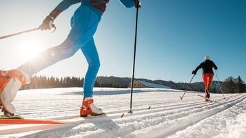 A snowy landscape with two skiers.