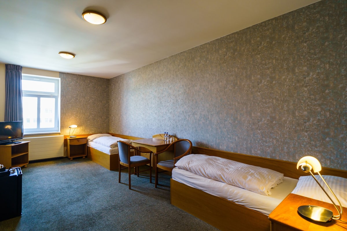 Ein Hotelzimmer mit einem Bett, einem Schreibtisch, einem Sessel, einem Fernseher und einem Fenster.