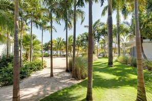 A pathway lined with palm trees leading to a beach area with a building in the background.