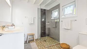 Shower, hair dryer, towels, soap