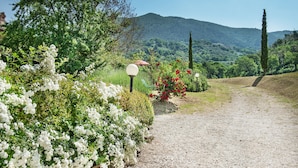 A gravel path leading through a garden with white and red flowers, surrounded by greenery and a mountain in the background. - Agriturismo Il Casalino (Spoleto)