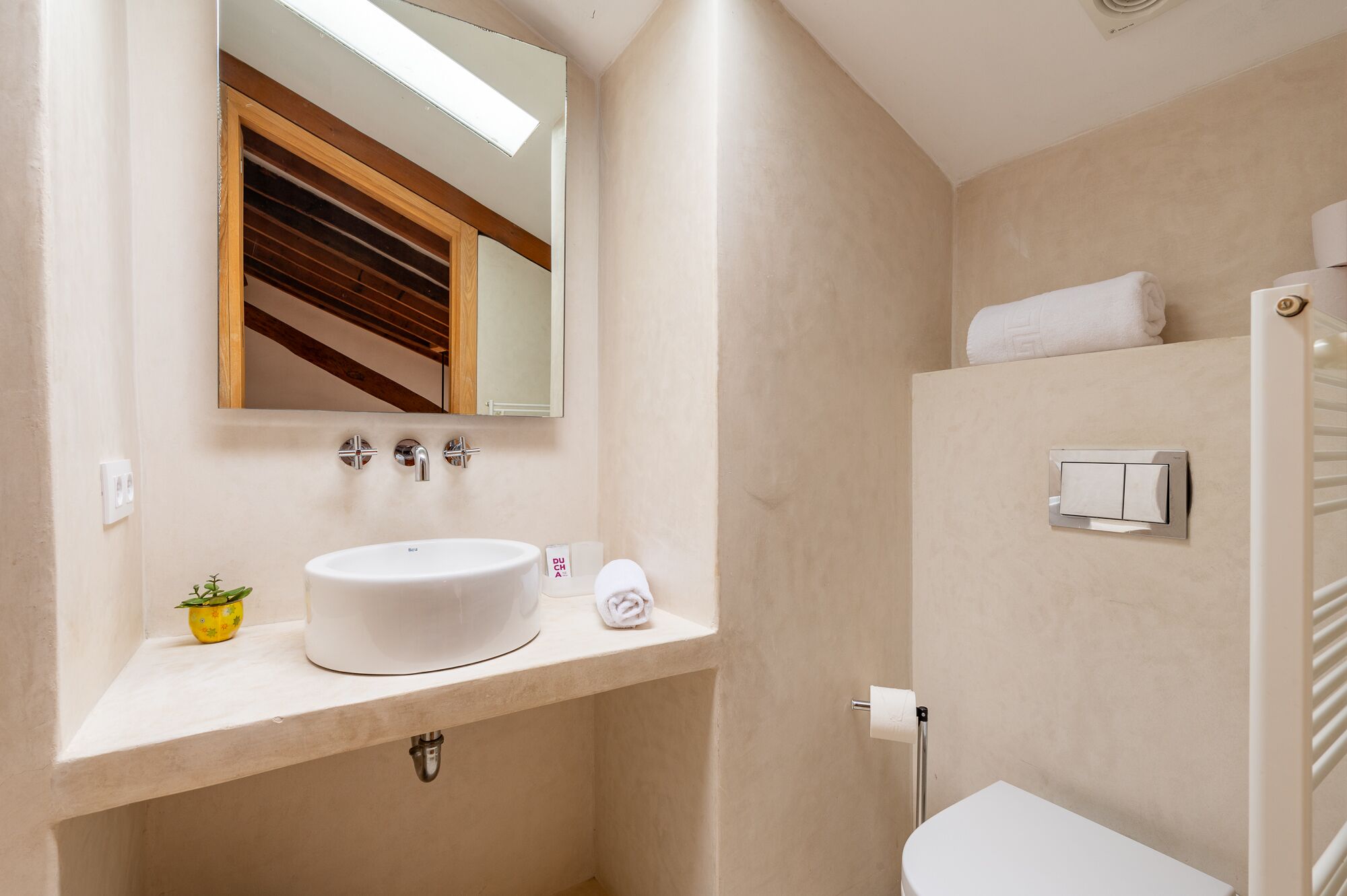A modern bathroom with a large sink, mirror, and towel rack.