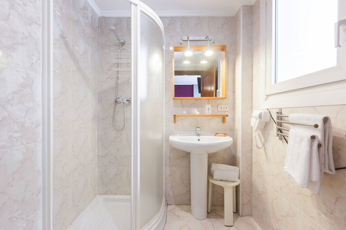 double or twin room | bathroom | shower, free toiletries, hair dryer, towels