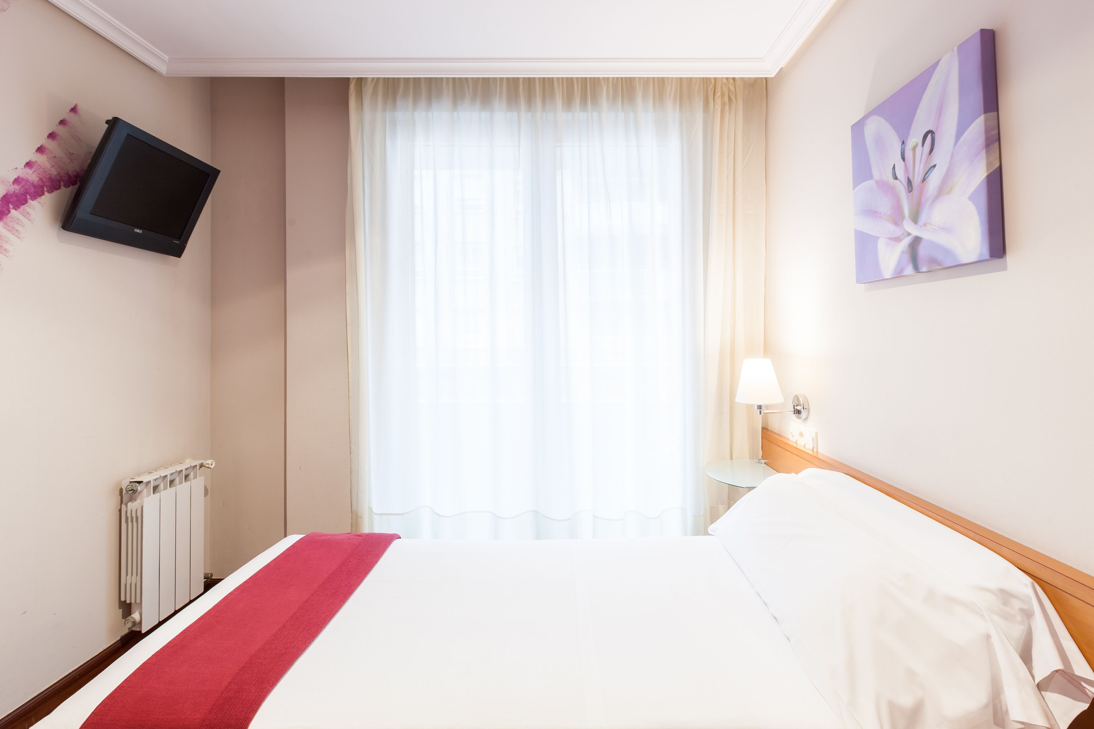 Une chambre d’hôtel avec un lit, un téléviseur fixé au mur, une fenêtre avec des rideaux, un tableau et une lampe sur une table de chevet.
