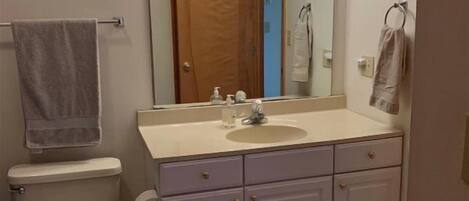 A bathroom with a toilet, sink, mirror, and towel rack.