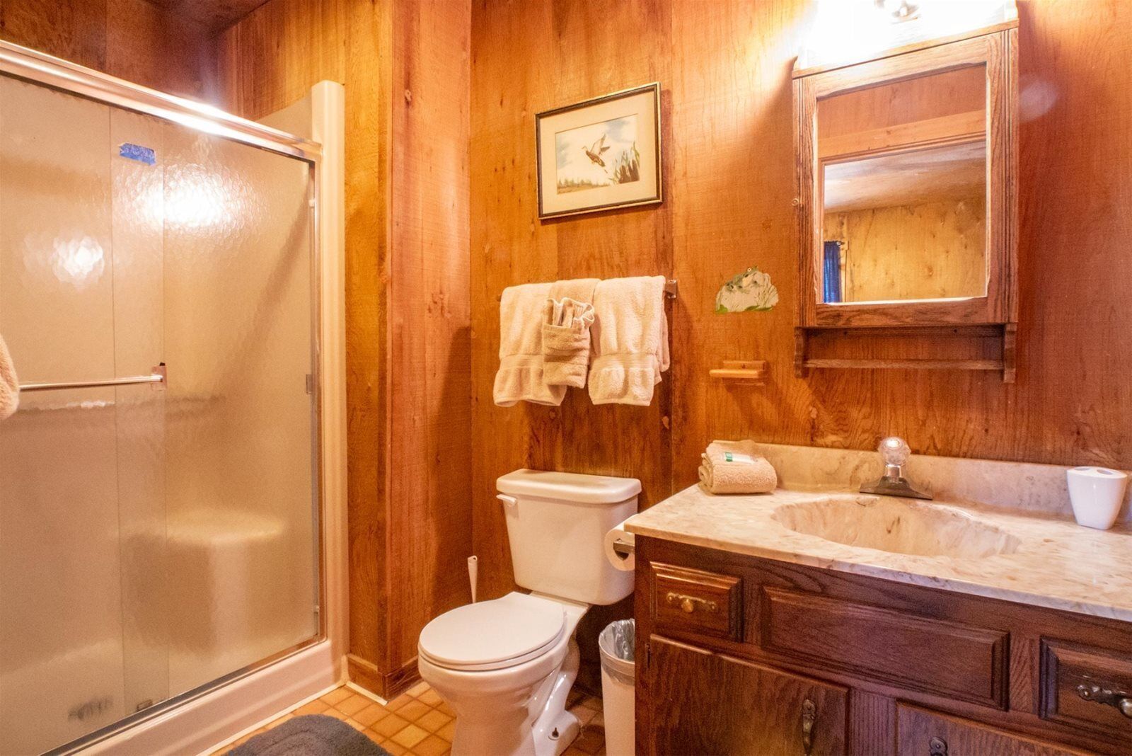 A wooden-paneled bathroom with a glass shower enclosure, a toilet, a sink with a marble countertop, and a mirror above the sink.