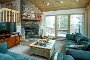 Televisión, chimenea, reproductor de DVD