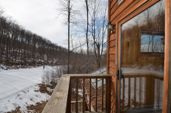 A wooden cabin with a glass door and a wooden deck.