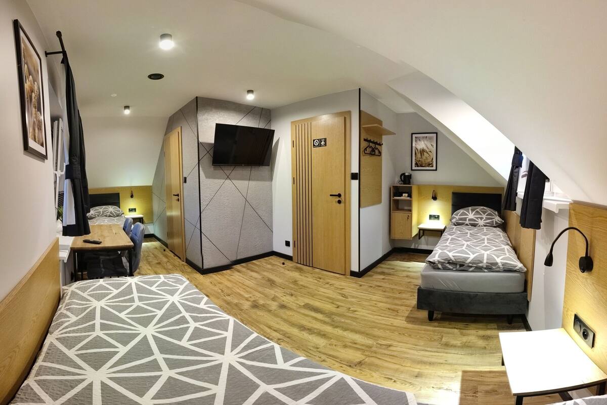 A compact hotel room with a bed, a desk, a TV, and a wardrobe.