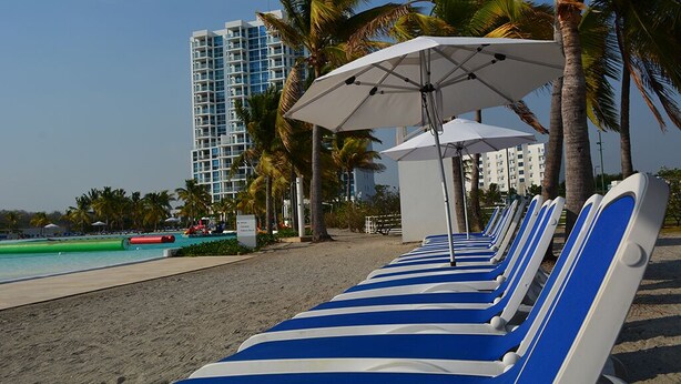 File di poltrone da spiaggia blu e bianche con ombrelloni bianchi, una spiaggia sabbiosa, palme e un hotel di grandi dimensioni sullo sfondo.