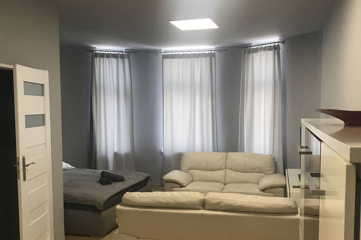 A bedroom with a bed, a sofa, a desk, and a ceiling light.