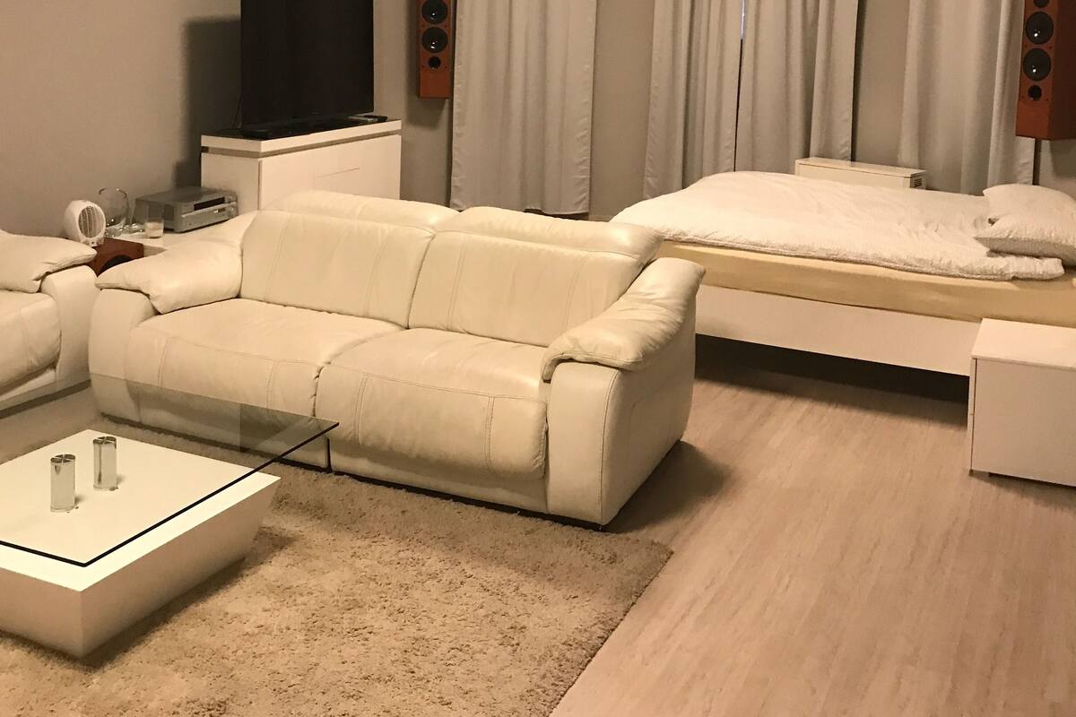A modern living room with a sofa, a glass coffee table, a TV, and a bed with curtains.