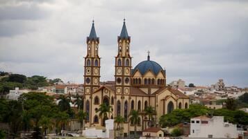 Una iglesia grande con dos torres y una cúpula, rodeada de edificios residenciales y palmeras.