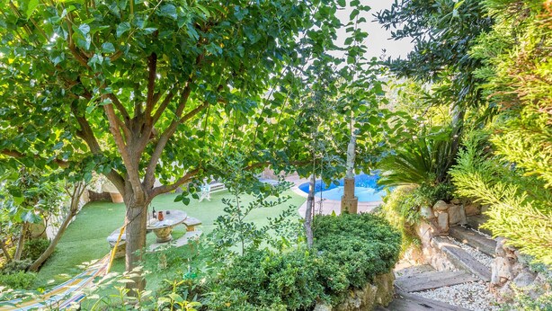 Un exuberante jardín con un sendero de piedra, una hamaca y una zona de piscina.