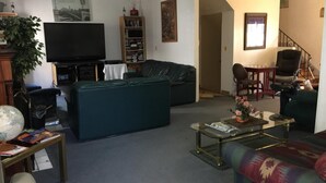 Un salon avec un grand téléviseur à écran plat, un canapé vert, une table basse et une bibliothèque.