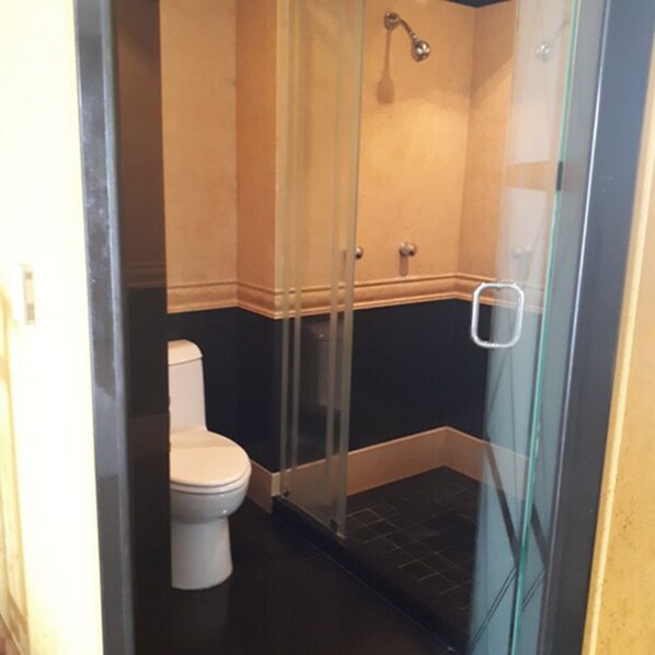 A glass-enclosed shower stall with a white toilet and a dark floor.