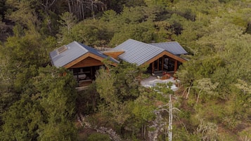 Una cabaña moderna con techo inclinado, rodeada de un bosque denso.