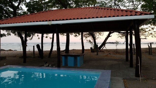 A covered outdoor area with a pool, a beach view, and a dog lying by the pool. - Private Front Beach House (Huehuete)