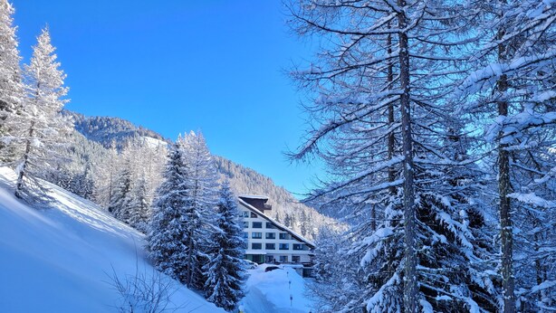 A snow-covered mountain road leading to a multi-story building with a sloped roof, surrounded by snow-laden trees and mountains. - Hotel Nockalm (Krems in Kaernten)