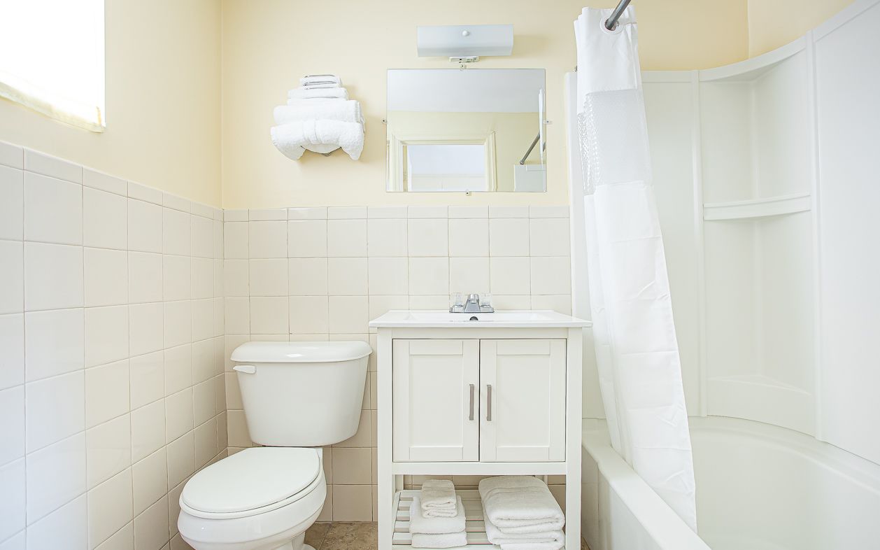 Combined shower/bathtub, soap, shampoo, toilet paper