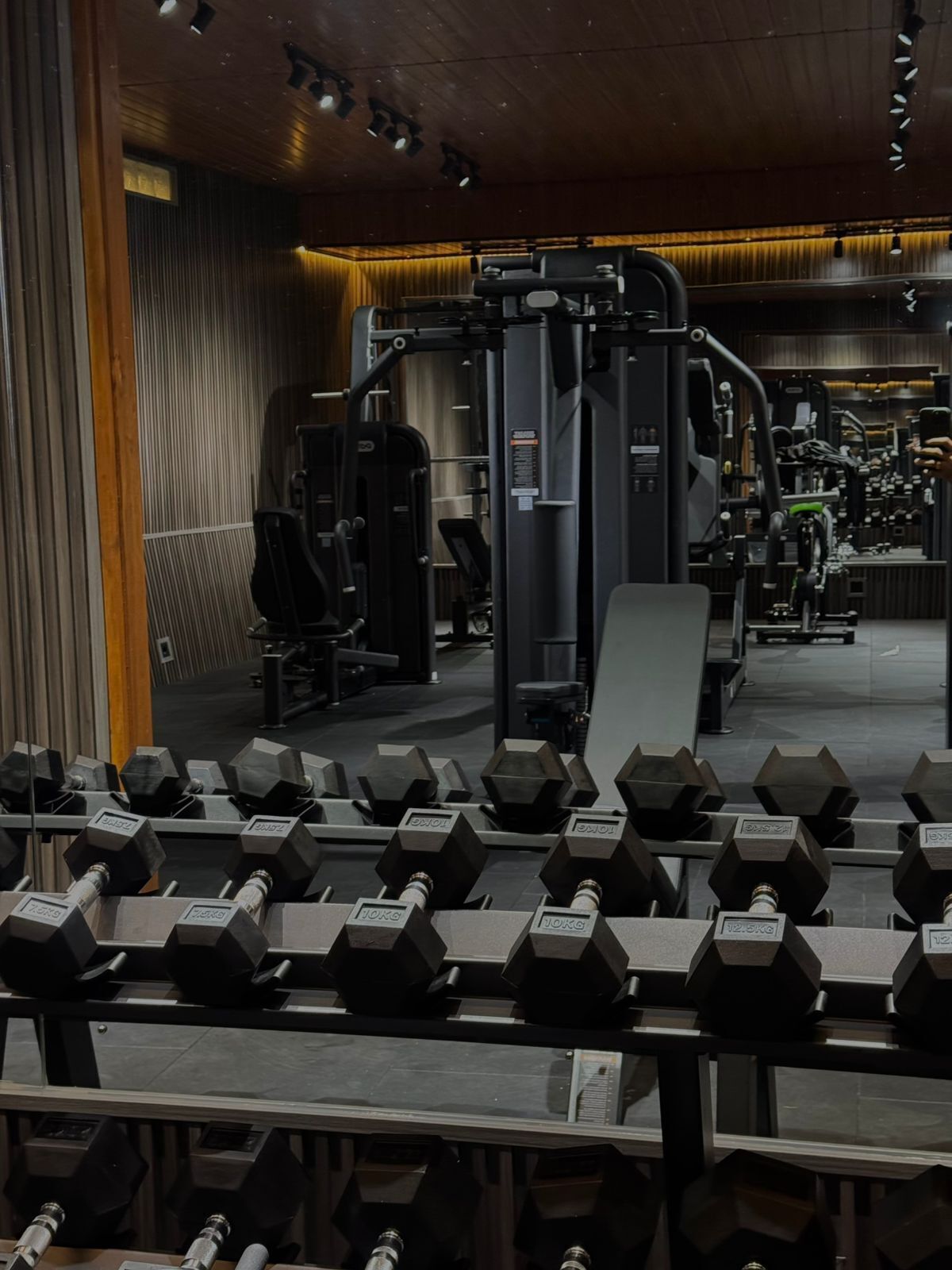 Ein Fitnessstudio mit unterschiedlichen Trainingsgeräten, darunter Kurzhanteln und Kraftmaschinen.
