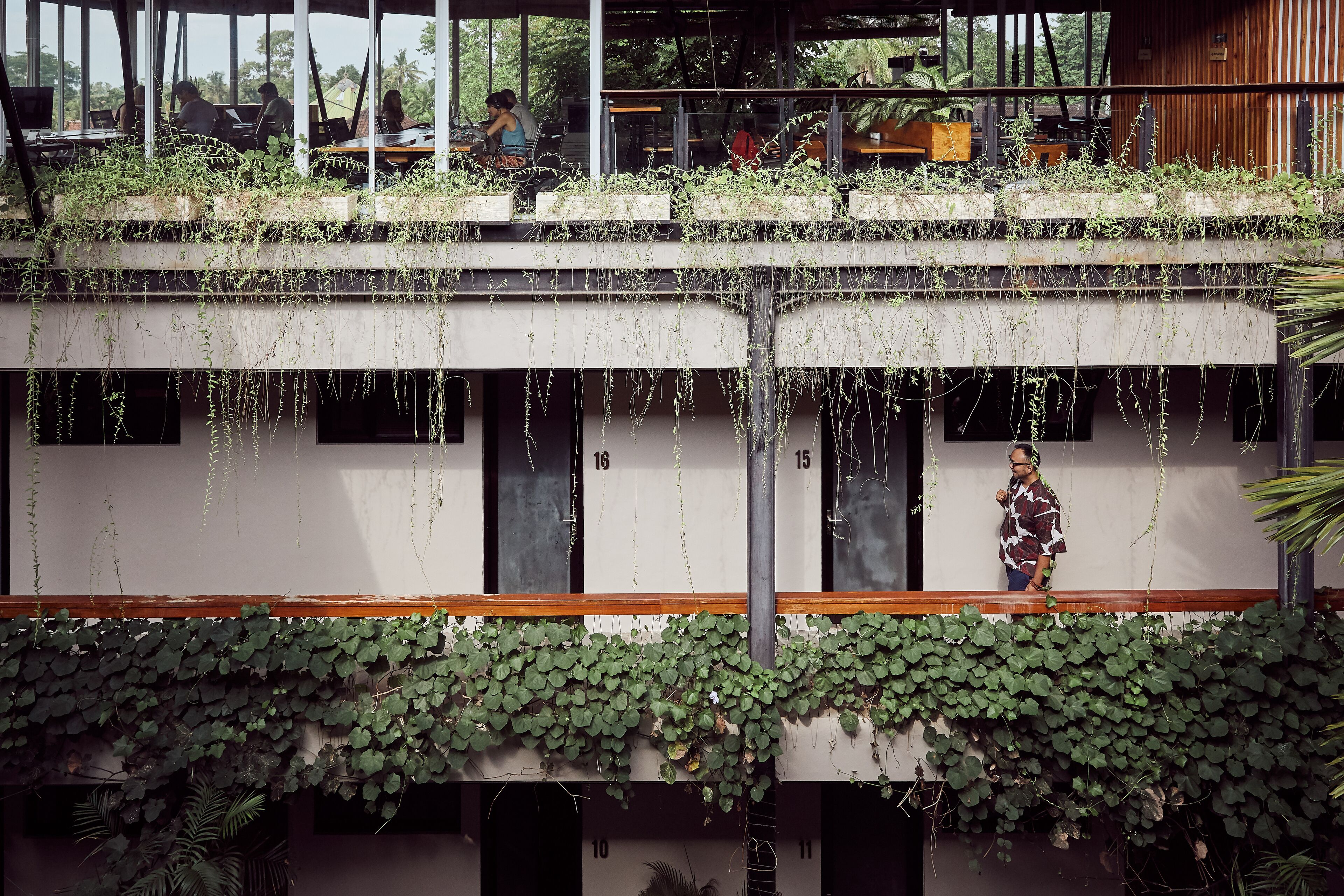 Un immeuble à plusieurs étages, agrémenté de plantes d’intérieur, où des personnes travaillent à des bureaux.