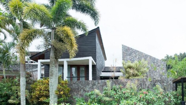 Une maison moderne avec un mur en pierre, un chemin pavé et une végétation luxuriante comprenant des palmiers et des plantes à fleurs.