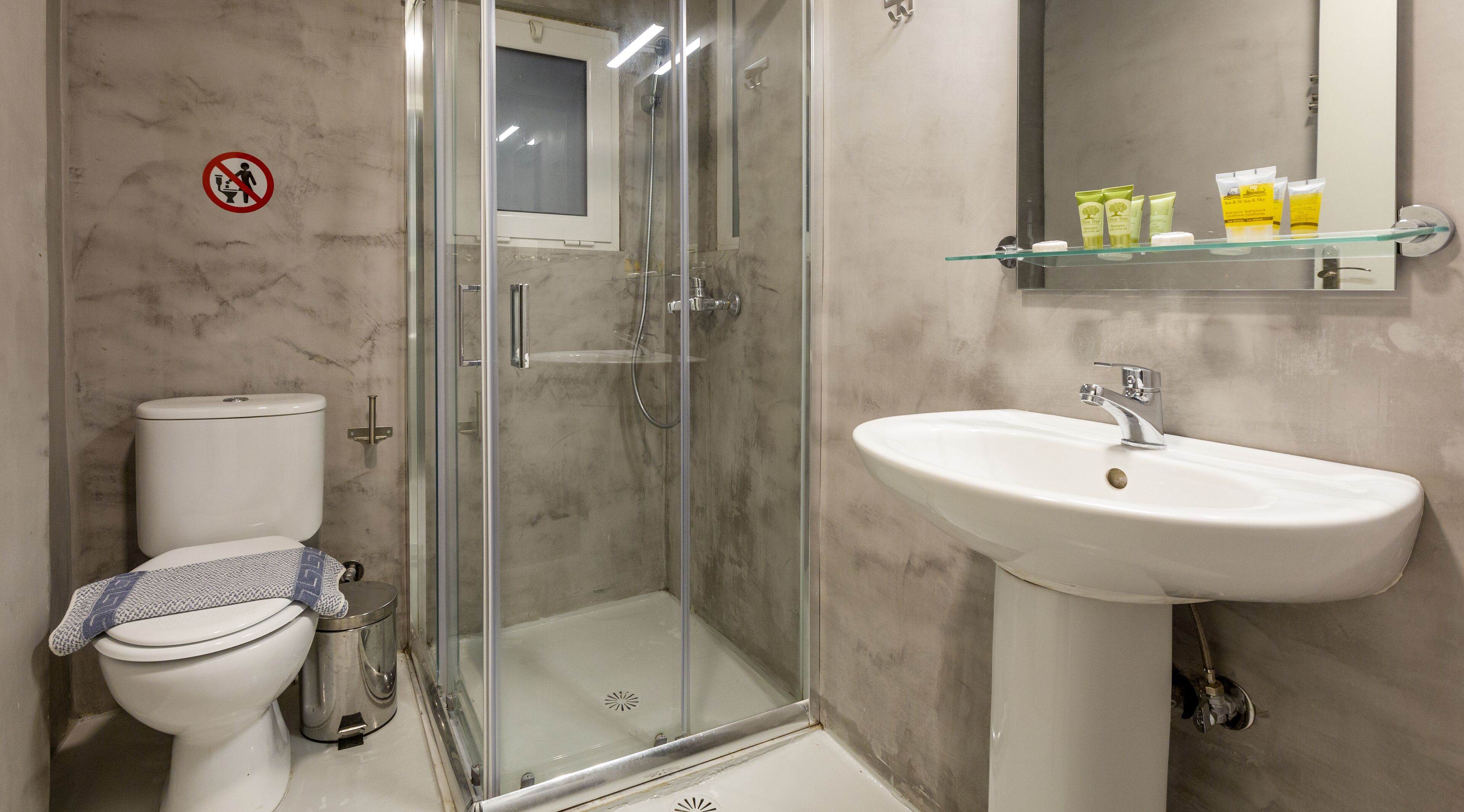 A modern bathroom with a glass-enclosed shower, a white sink, and a toilet.