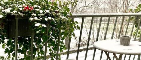 A balcony with a metal chair and a table, a hanging plant with green leaves and red flowers, and a snowy landscape in the background.