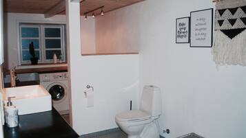 Un baño pequeño con lavamanos, inodoro y lavadora.