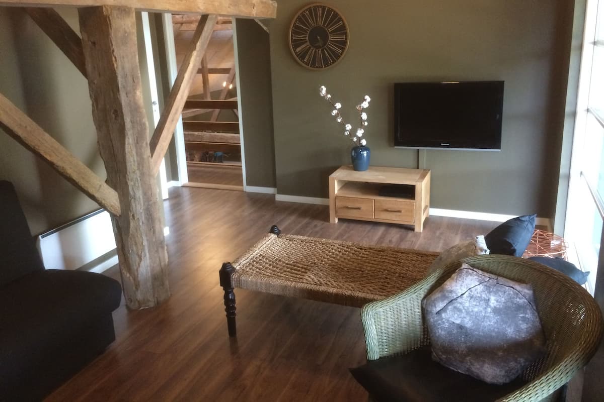 Ein Wohnzimmer mit Holzboden, einem Fernseher auf einem Schrank, einem Korbsessel und einer Treppe, die zu einer oberen Ebene führt.