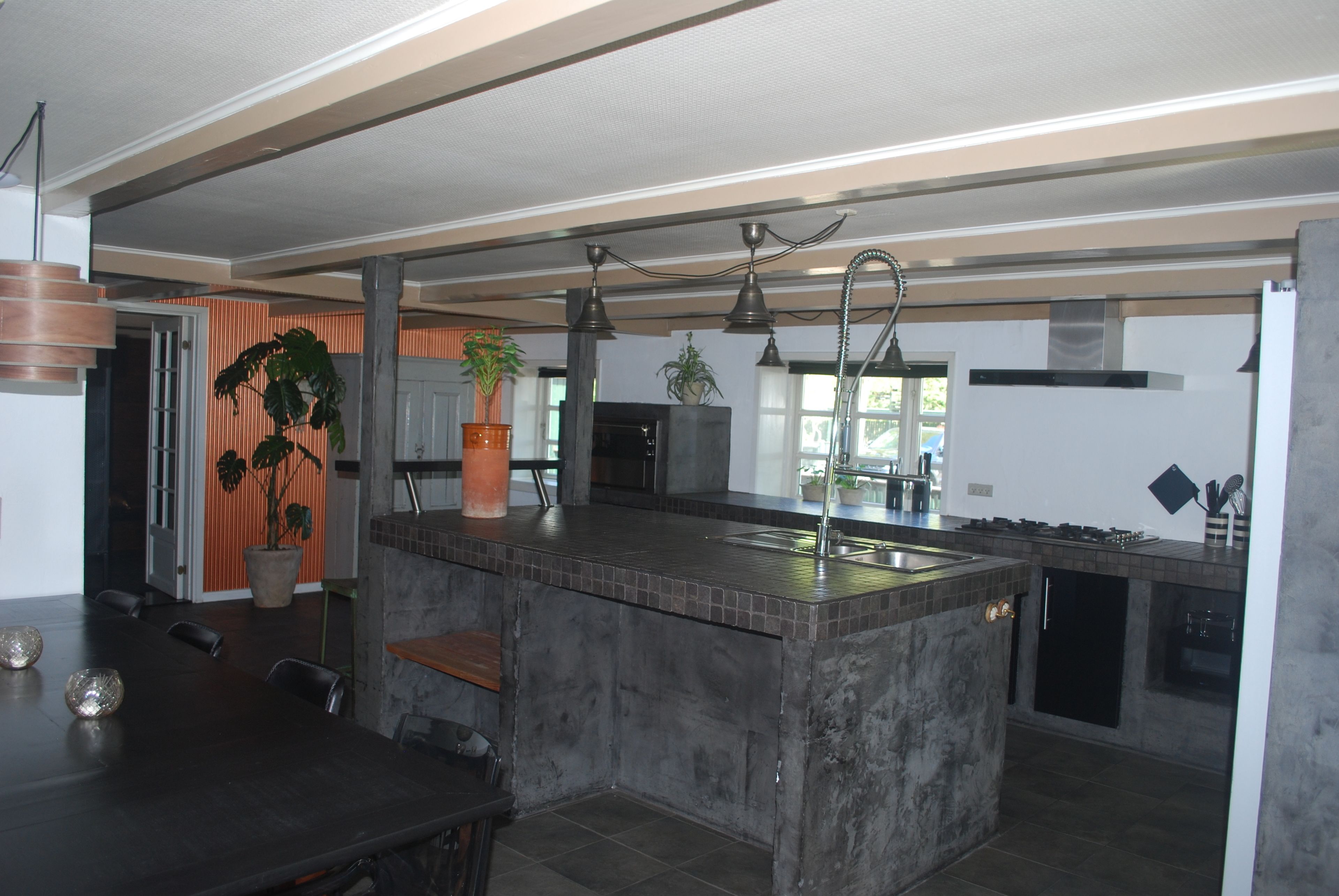 A modern kitchen with a central island, built-in appliances, and potted plants.