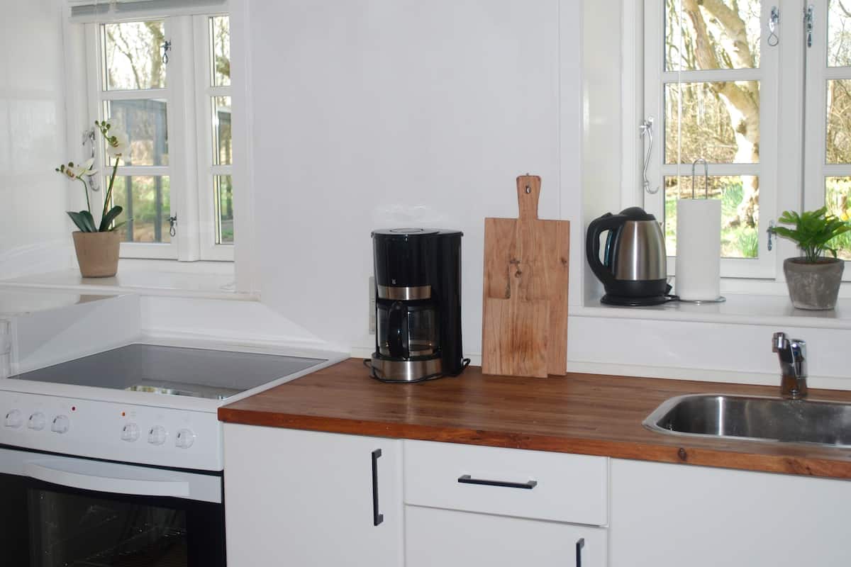Eine Küche mit weißen Schränken, einer Holzauskład, einer Kaffeemaschine, einem Wasserkocher und einem Fenster mit Blick auf Bäume.