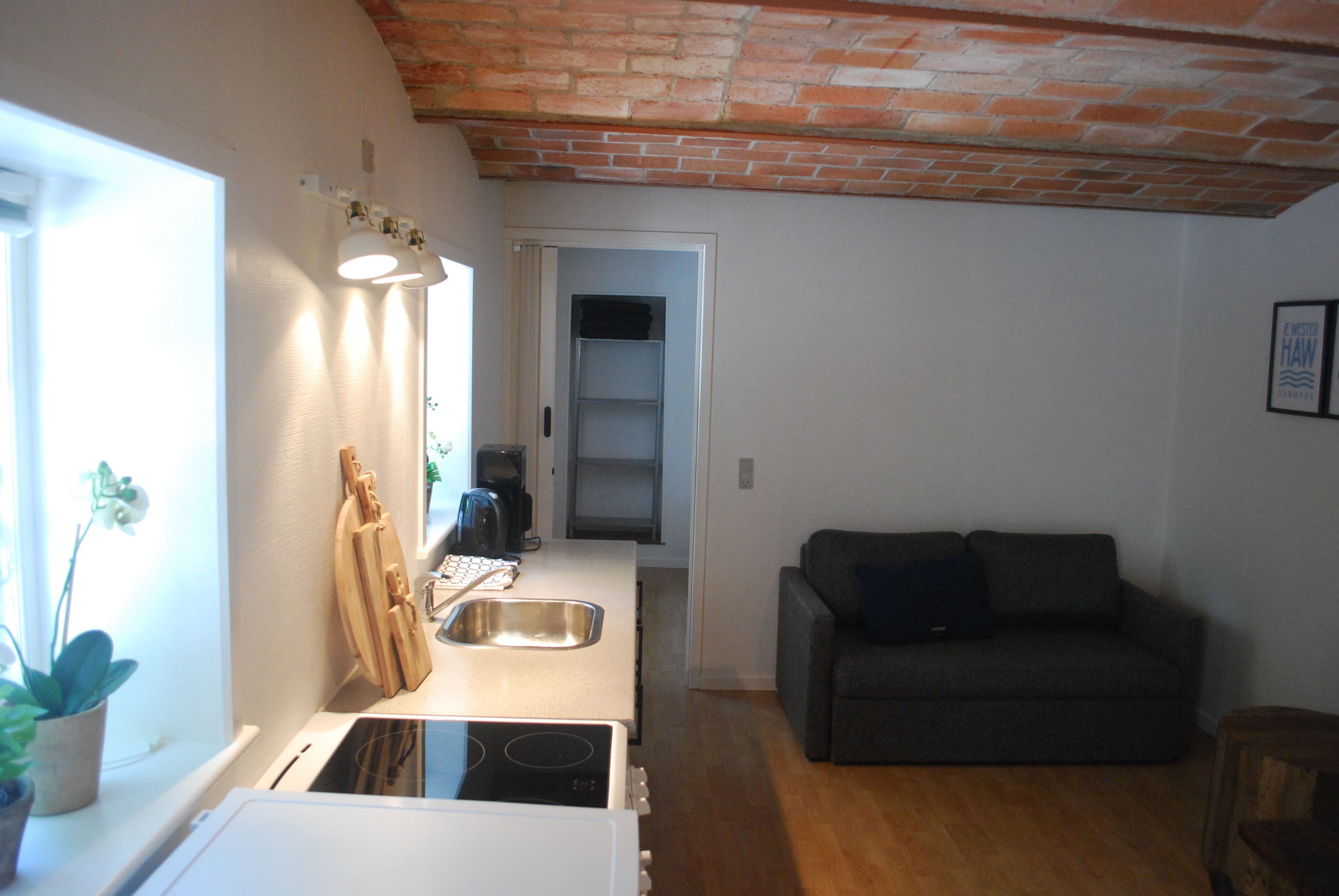 Una cocina compacta con lavamanos, estufa y encimera. En la zona de estar, hay un sofá de color oscuro y una mesita pequeña. Se ve una ventana con una planta, y el techo es de ladrillo.