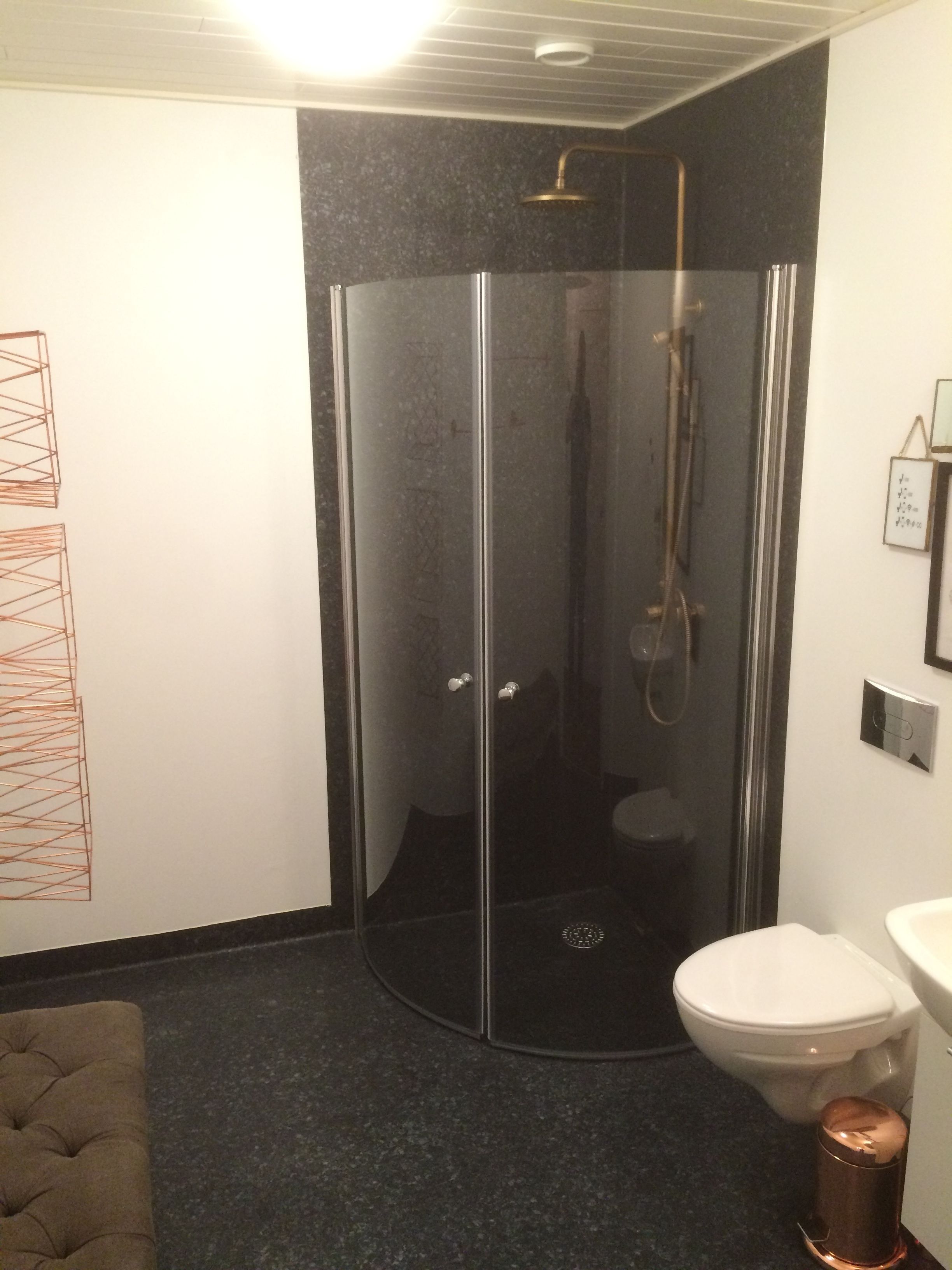 A modern bathroom with a glass-enclosed shower, a toilet, and a sink.
