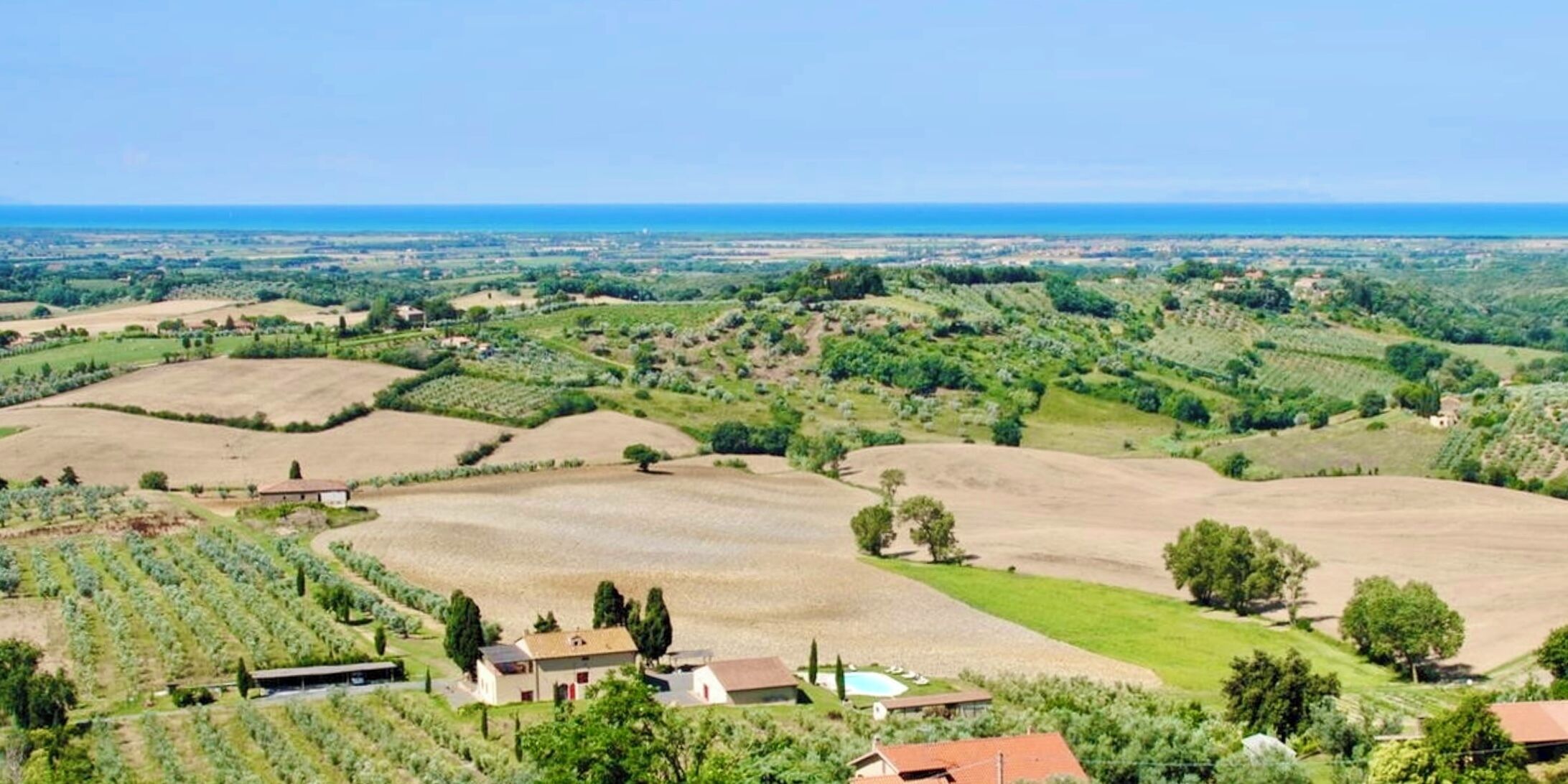 Ländliche Landschaft mit sanften Hügeln, vereinzelten B äumen und wenigen Gebäuden.