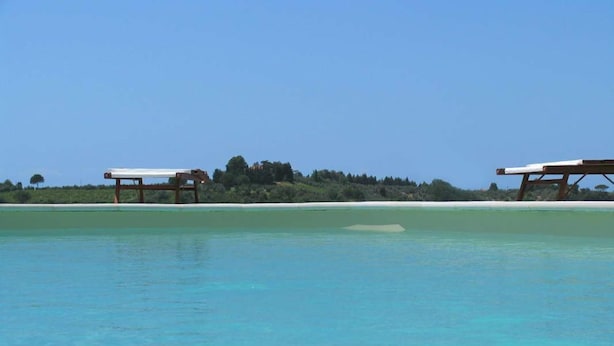 A beach with clear turquoise water, two wooden picnic tables, and a sandy shore with trees in the background. - Fattoria Podere i Luoghi (Casale Marittimo)