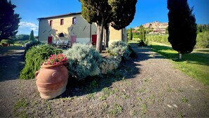 A rustic villa with a gravel driveway, a large terracotta pot with flowers, and a well-maintained garden with various shrubs and trees. - Fattoria Podere i Luoghi (Casale Marittimo)