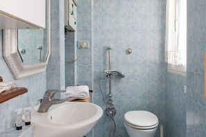 A bathroom with a white sink, a toilet, and a shower with a handheld showerhead.